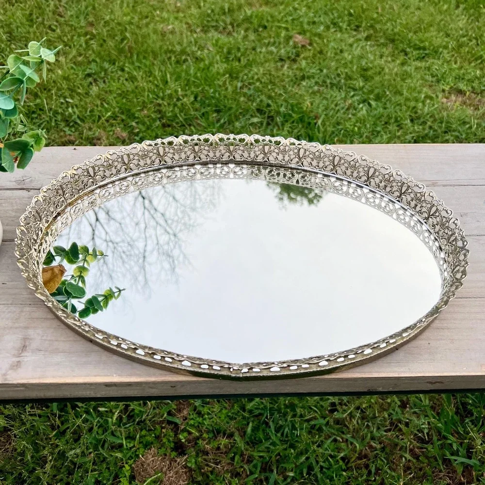 Vintage Oval Gold Filigree Vanity Mirror Tray